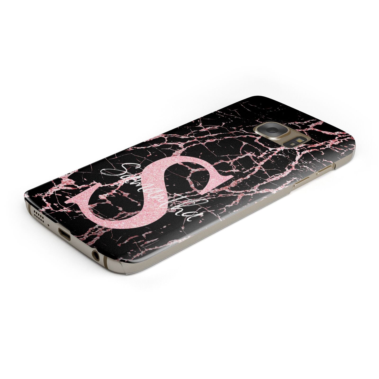 Personalised Pink Cracked Marble Glitter Initial Protective Samsung Galaxy Case Angled Image