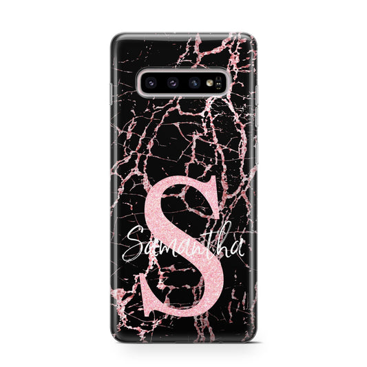 Personalised Pink Cracked Marble Glitter Initial Protective Samsung Galaxy Case
