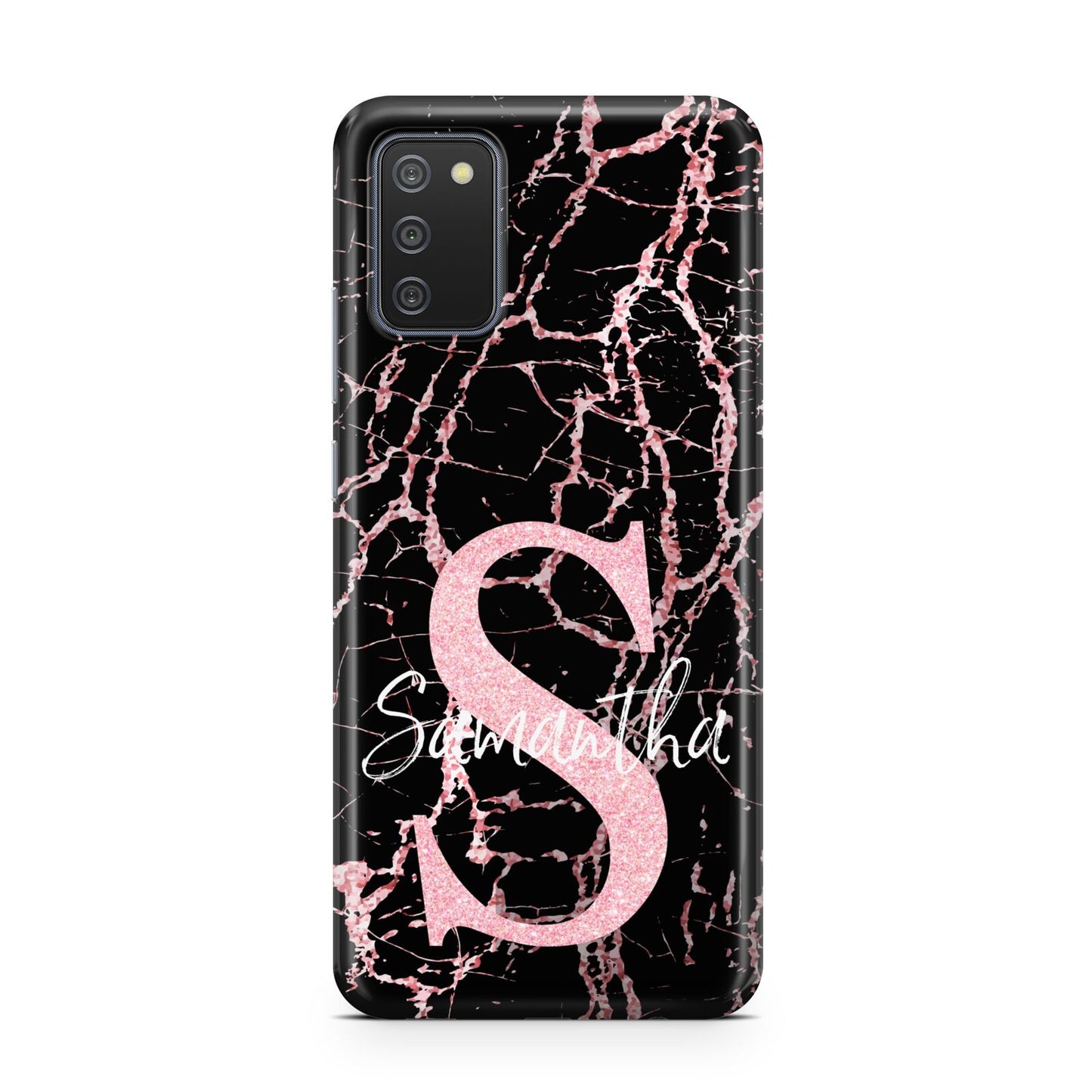 Personalised Pink Cracked Marble Glitter Initial Samsung A02s Case