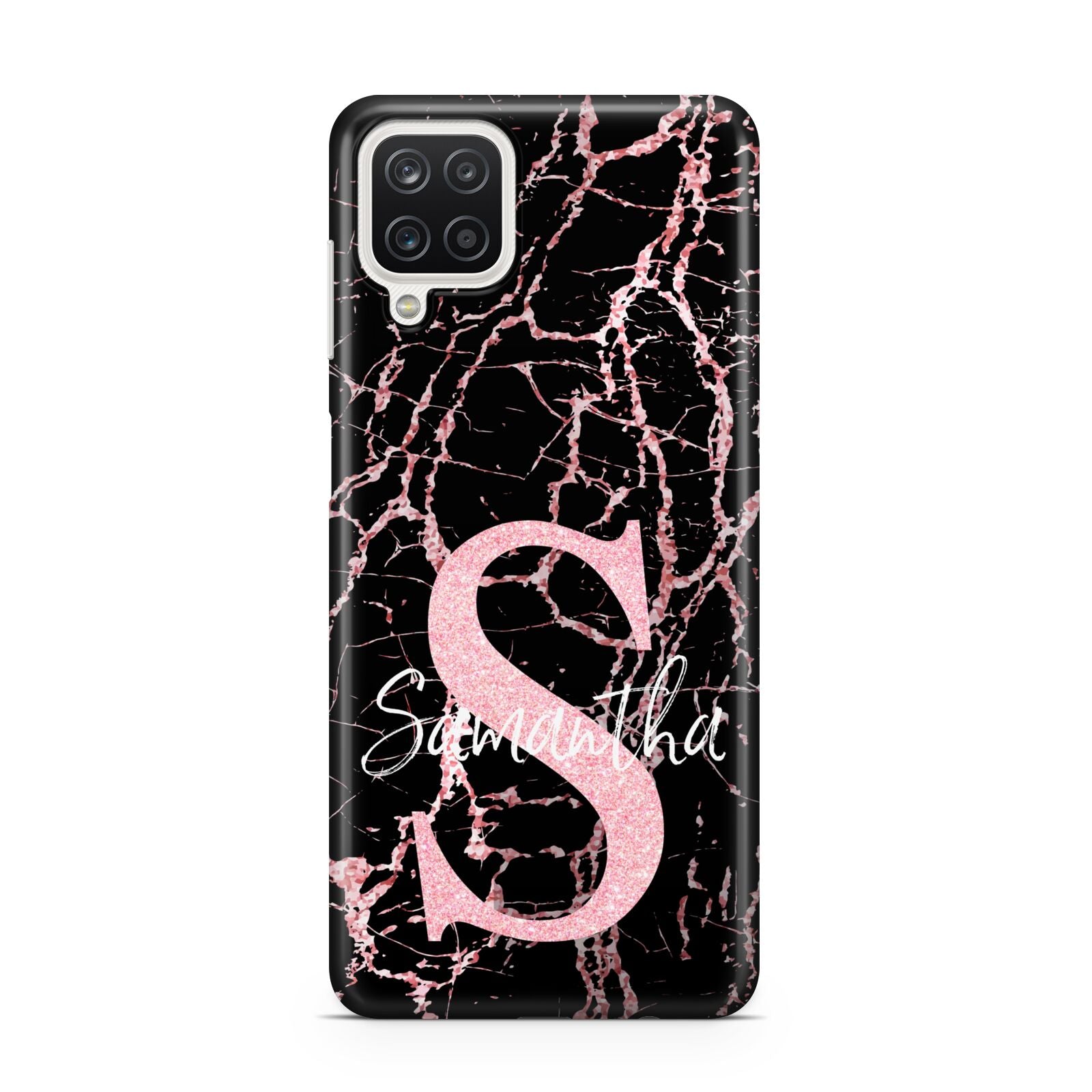 Personalised Pink Cracked Marble Glitter Initial Samsung A12 Case