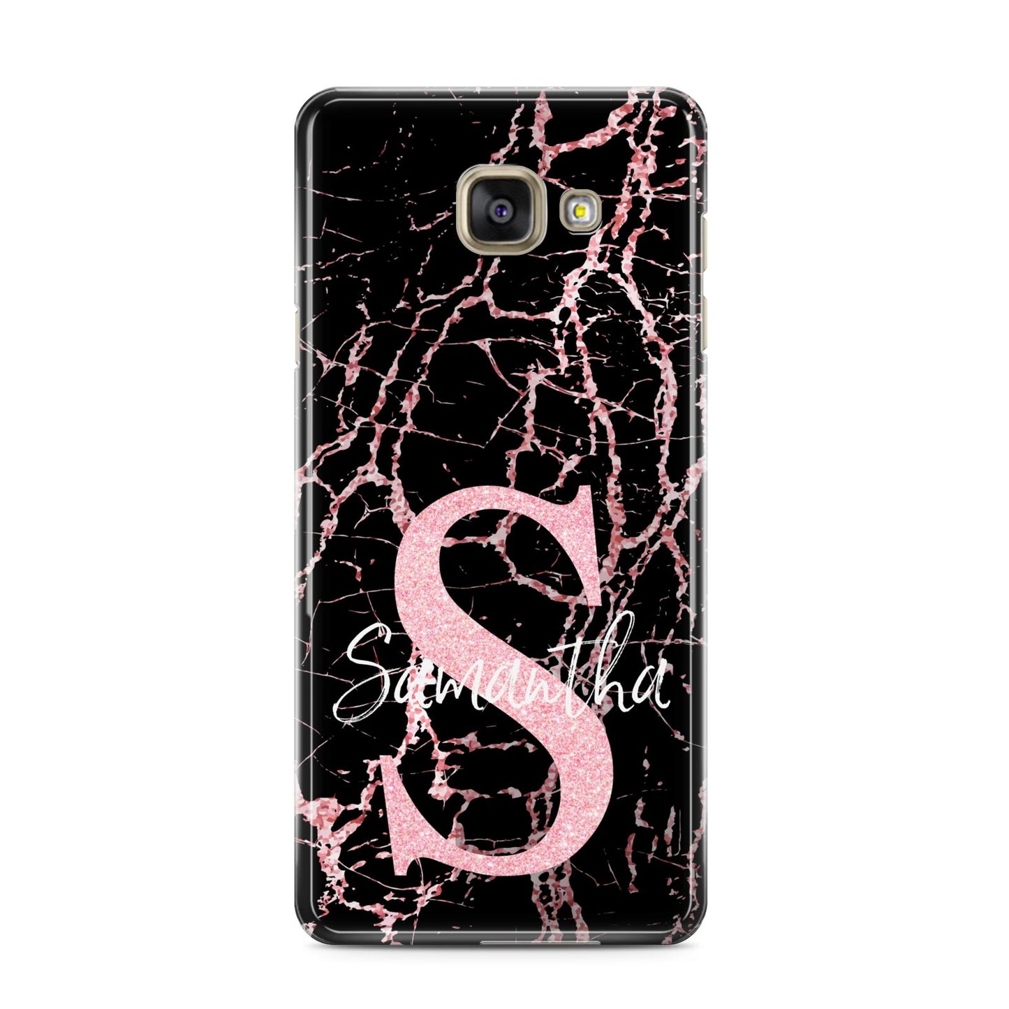 Personalised Pink Cracked Marble Glitter Initial Samsung Galaxy A3 2016 Case on gold phone