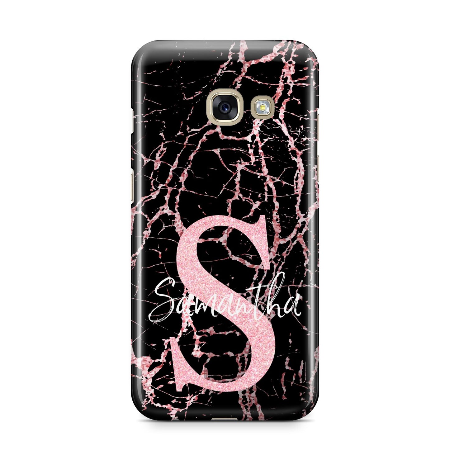 Personalised Pink Cracked Marble Glitter Initial Samsung Galaxy A3 2017 Case on gold phone