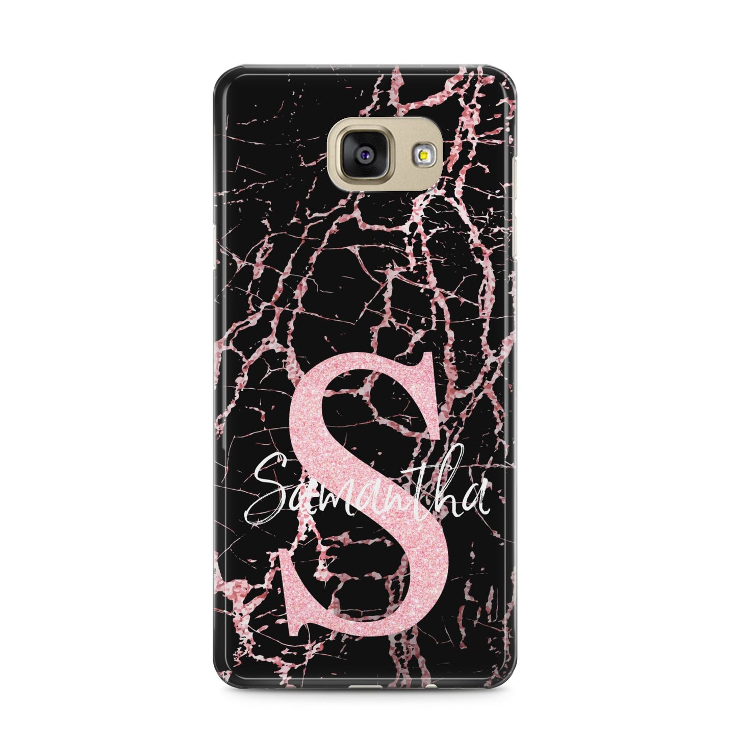 Personalised Pink Cracked Marble Glitter Initial Samsung Galaxy A5 2016 Case on gold phone