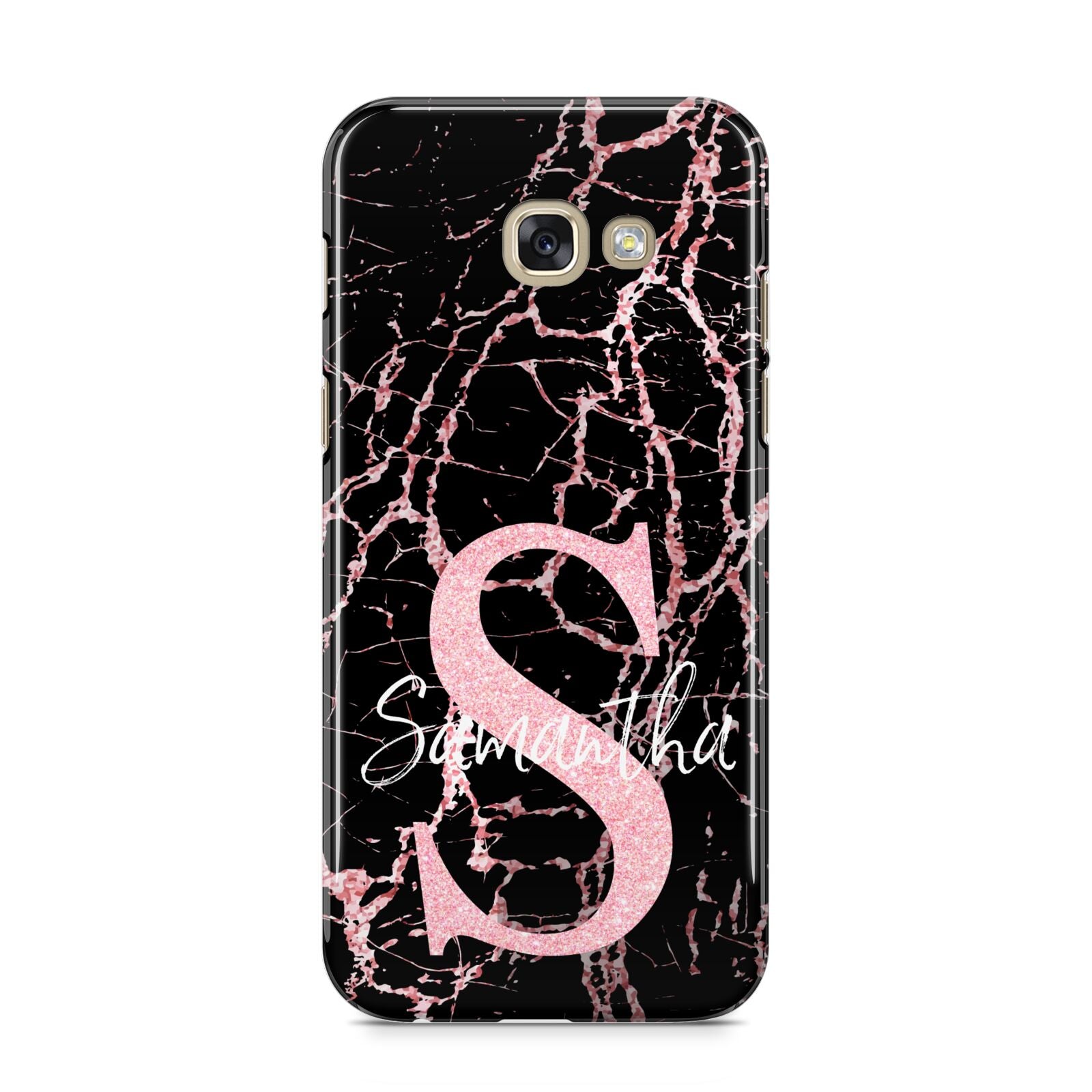 Personalised Pink Cracked Marble Glitter Initial Samsung Galaxy A5 2017 Case on gold phone