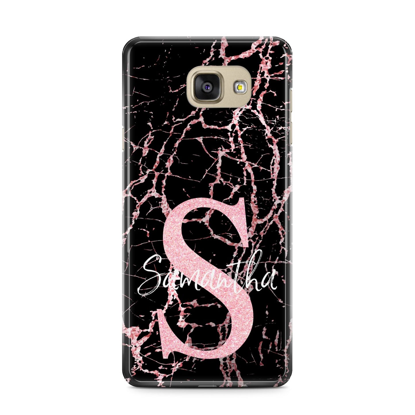 Personalised Pink Cracked Marble Glitter Initial Samsung Galaxy A7 2016 Case on gold phone