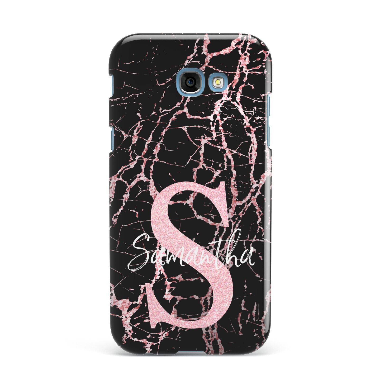 Personalised Pink Cracked Marble Glitter Initial Samsung Galaxy A7 2017 Case