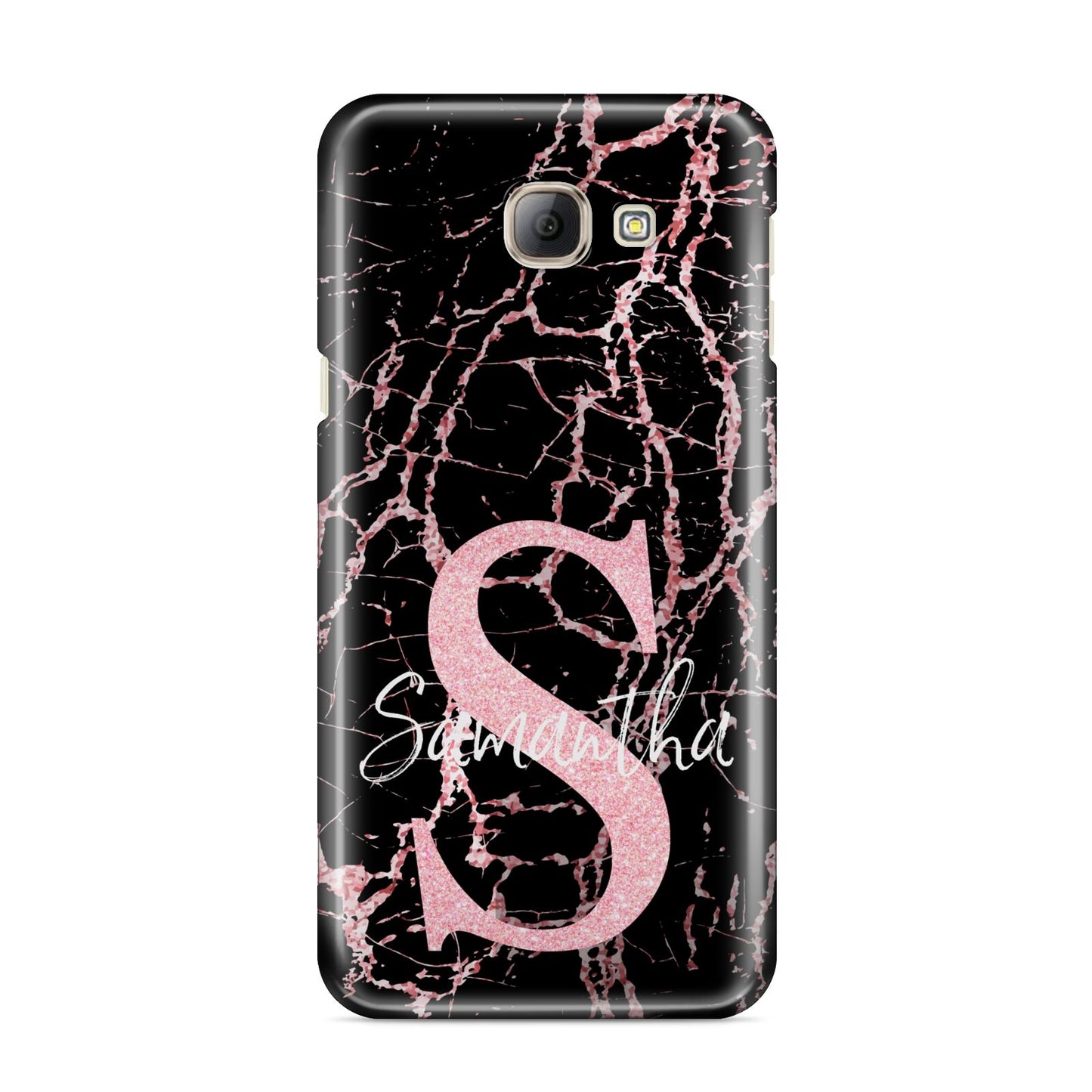 Personalised Pink Cracked Marble Glitter Initial Samsung Galaxy A8 2016 Case