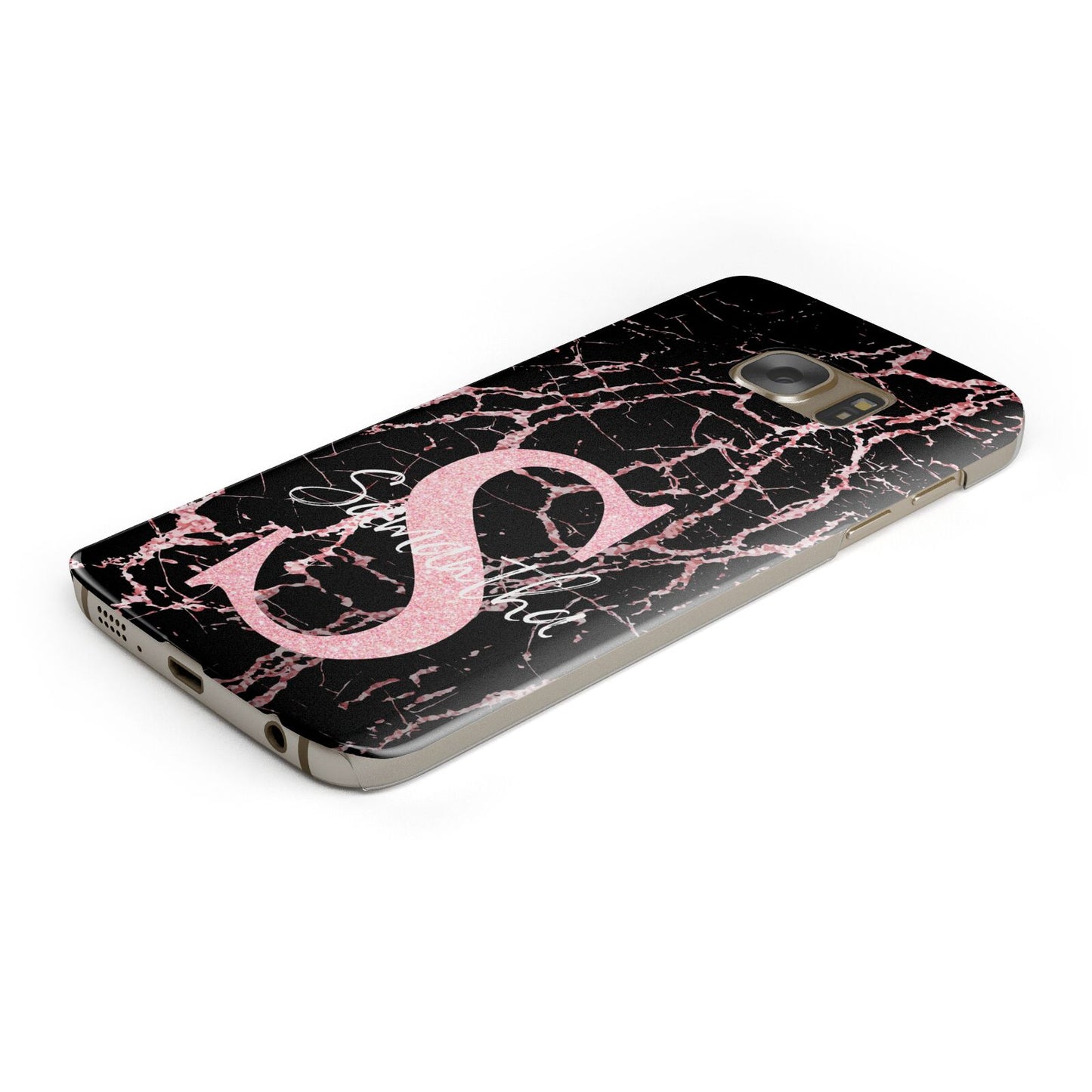 Personalised Pink Cracked Marble Glitter Initial Samsung Galaxy Case Bottom Cutout