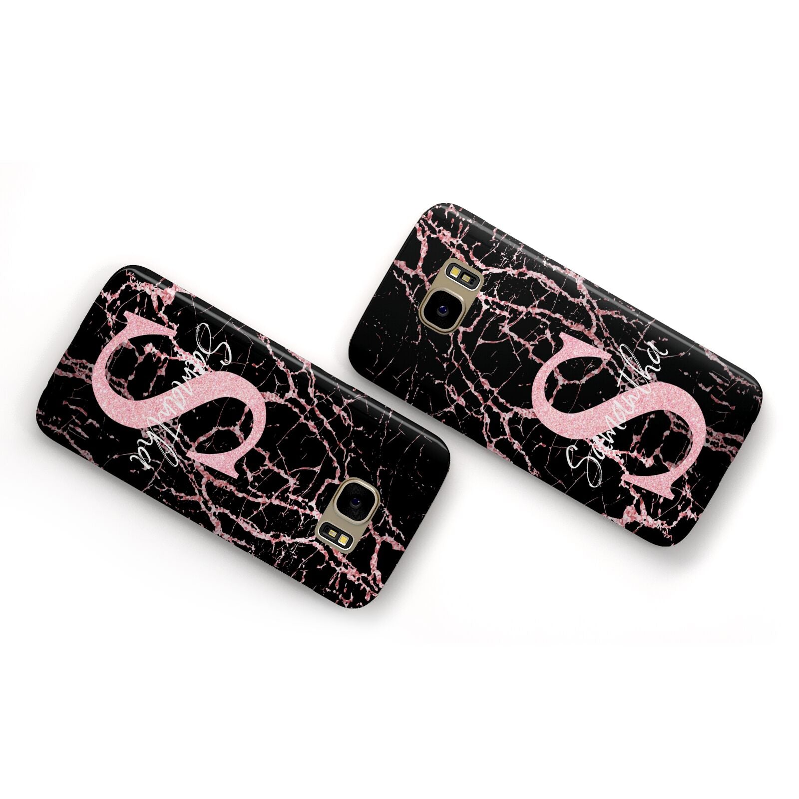Personalised Pink Cracked Marble Glitter Initial Samsung Galaxy Case Flat Overview