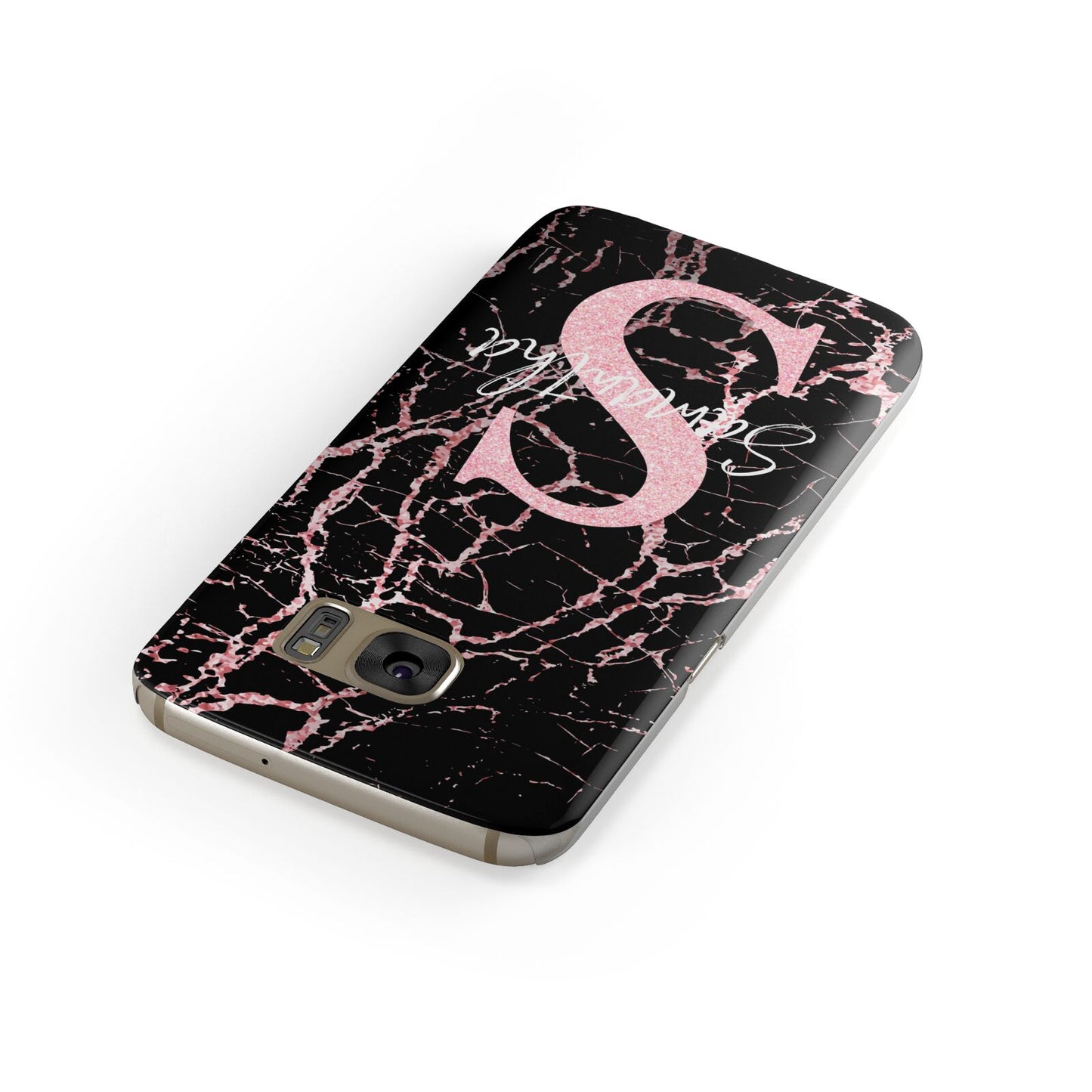 Personalised Pink Cracked Marble Glitter Initial Samsung Galaxy Case Front Close Up
