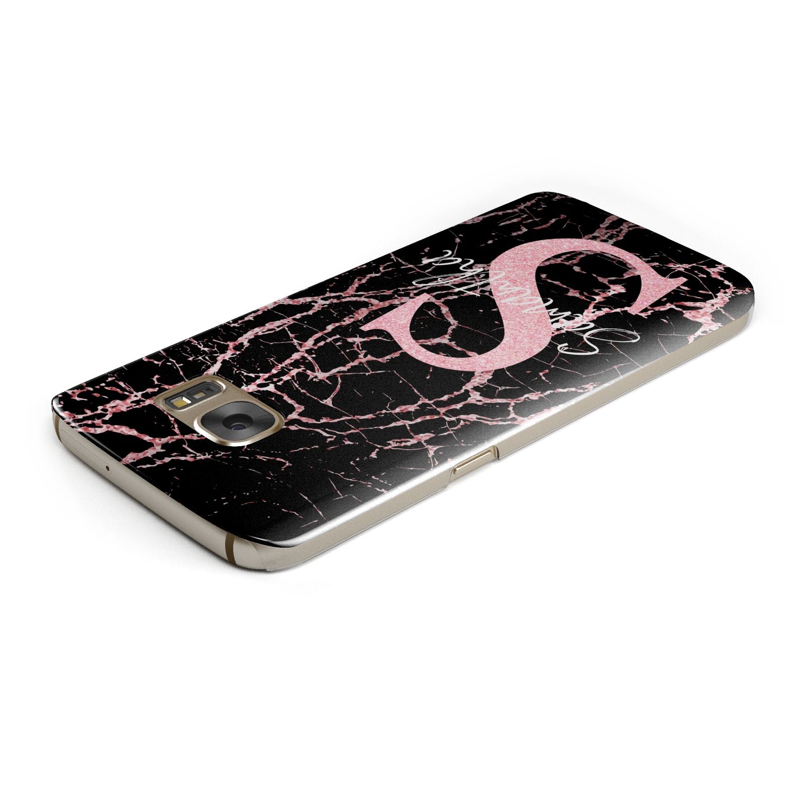 Personalised Pink Cracked Marble Glitter Initial Samsung Galaxy Case Top Cutout