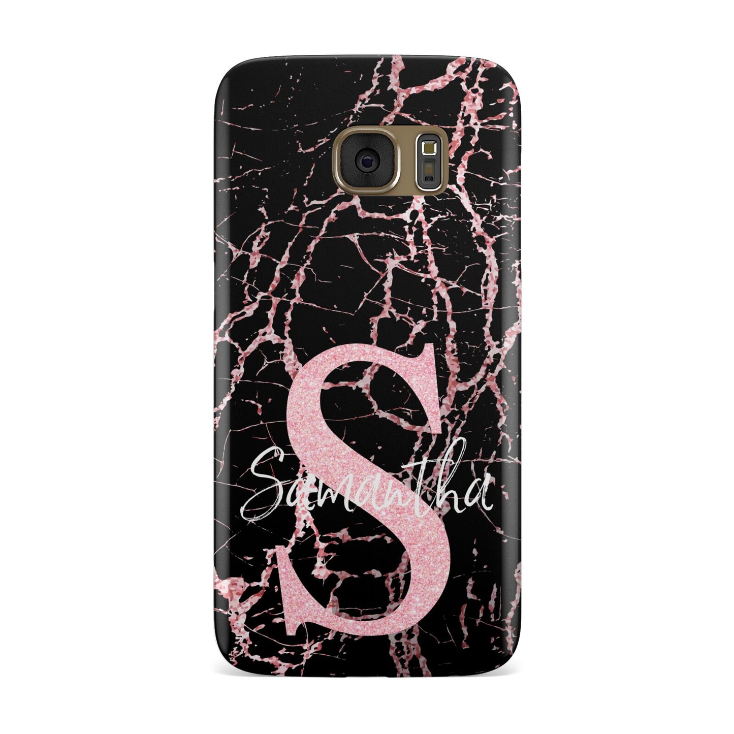 Personalised Pink Cracked Marble Glitter Initial Samsung Galaxy Case