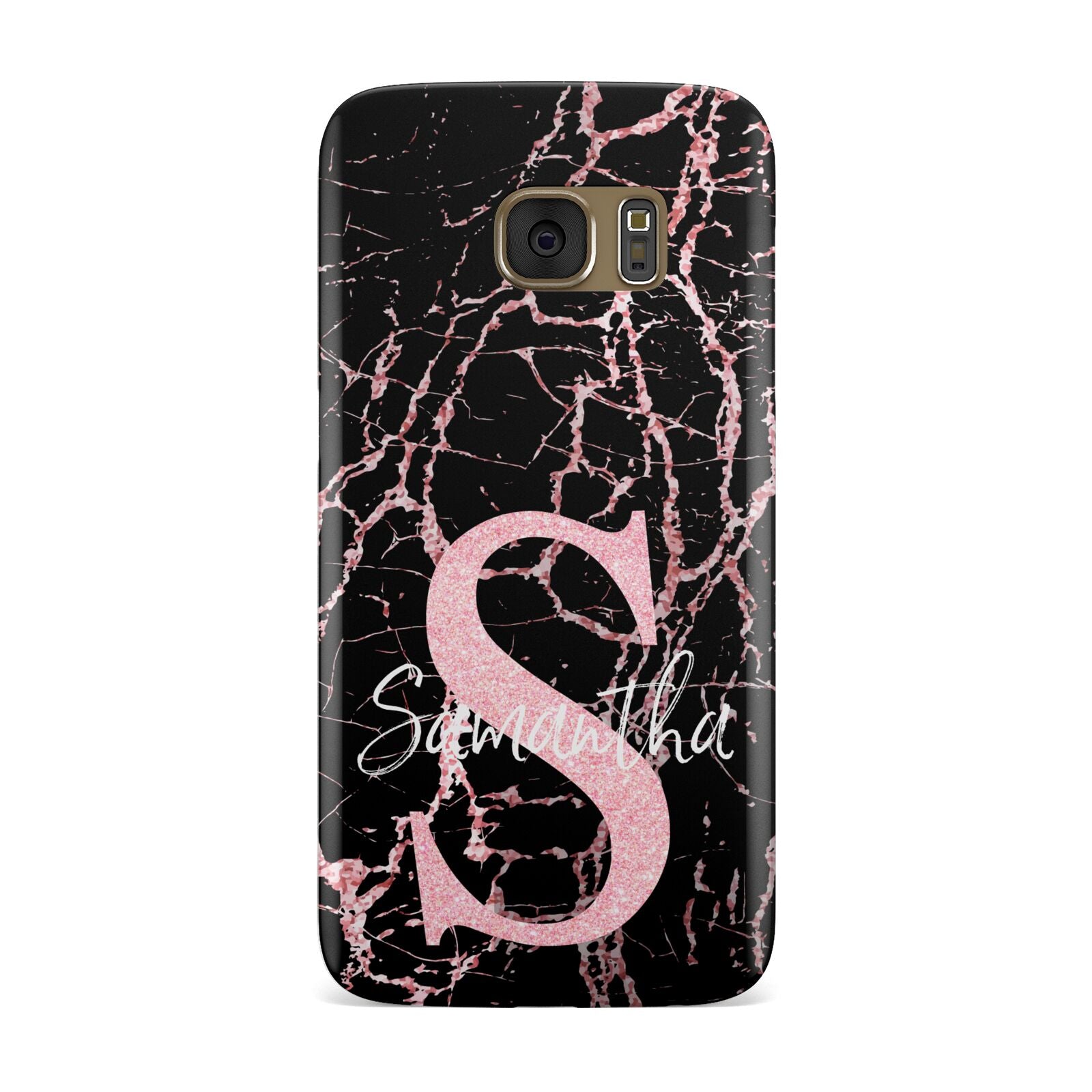 Personalised Pink Cracked Marble Glitter Initial Samsung Galaxy Case