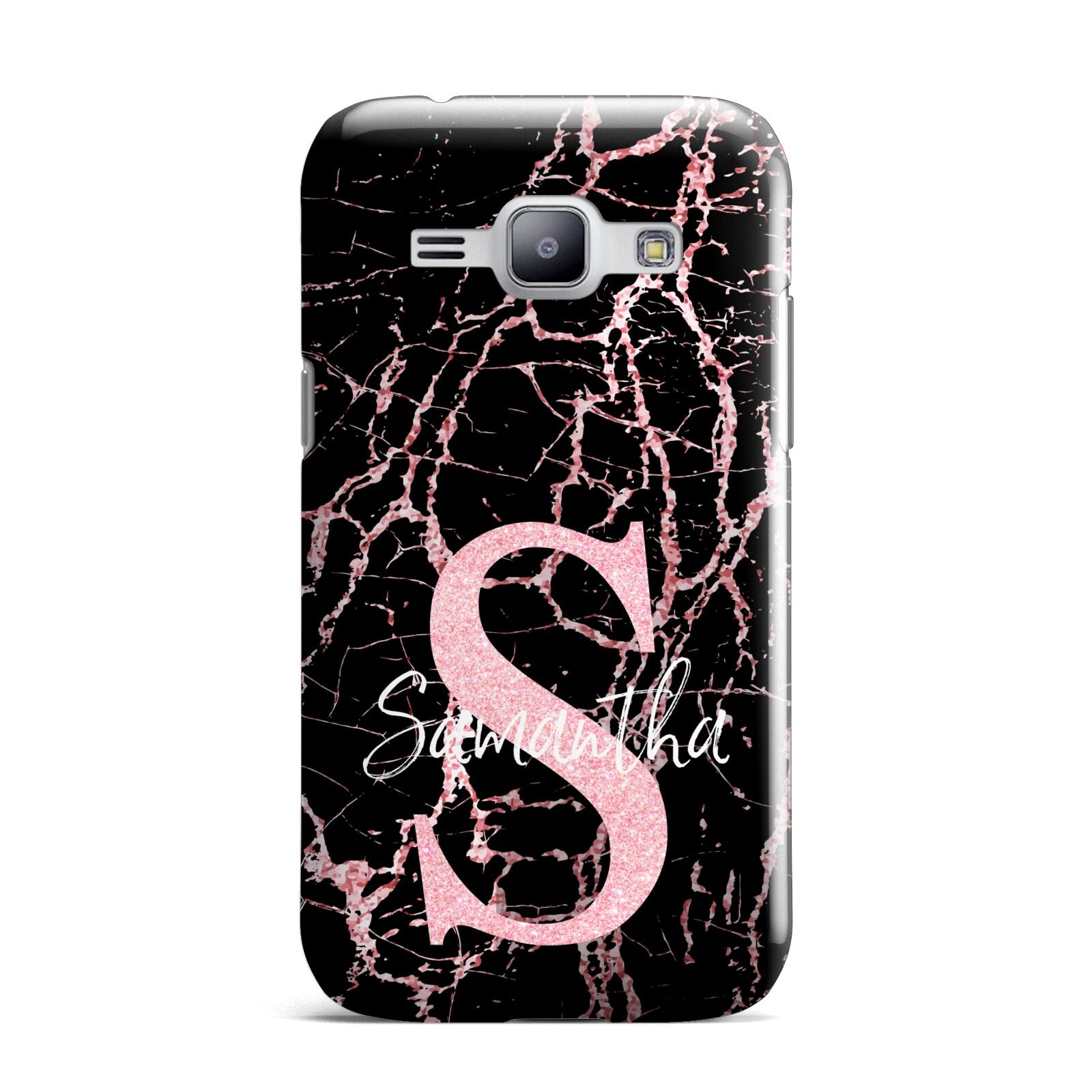 Personalised Pink Cracked Marble Glitter Initial Samsung Galaxy J1 2015 Case