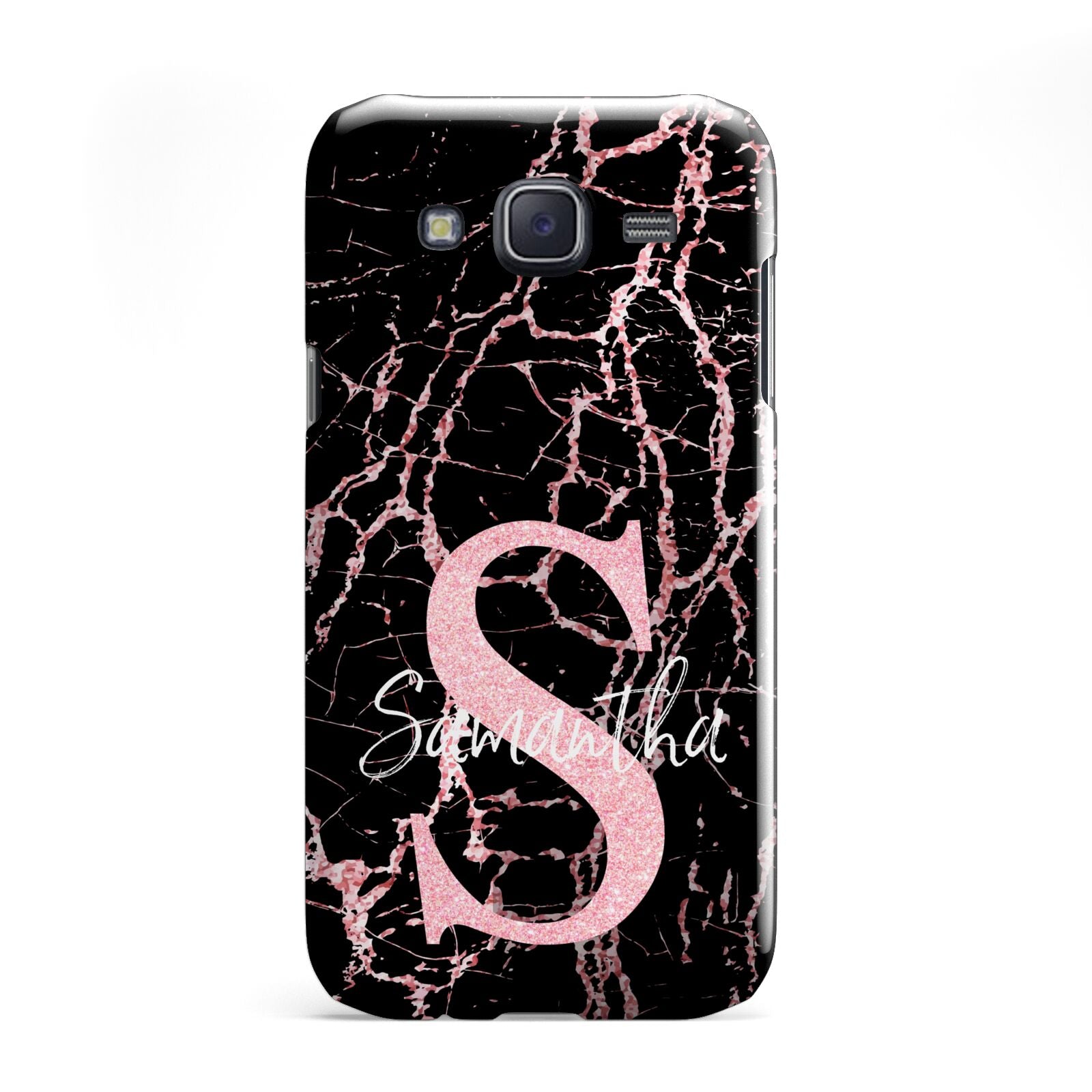 Personalised Pink Cracked Marble Glitter Initial Samsung Galaxy J5 Case