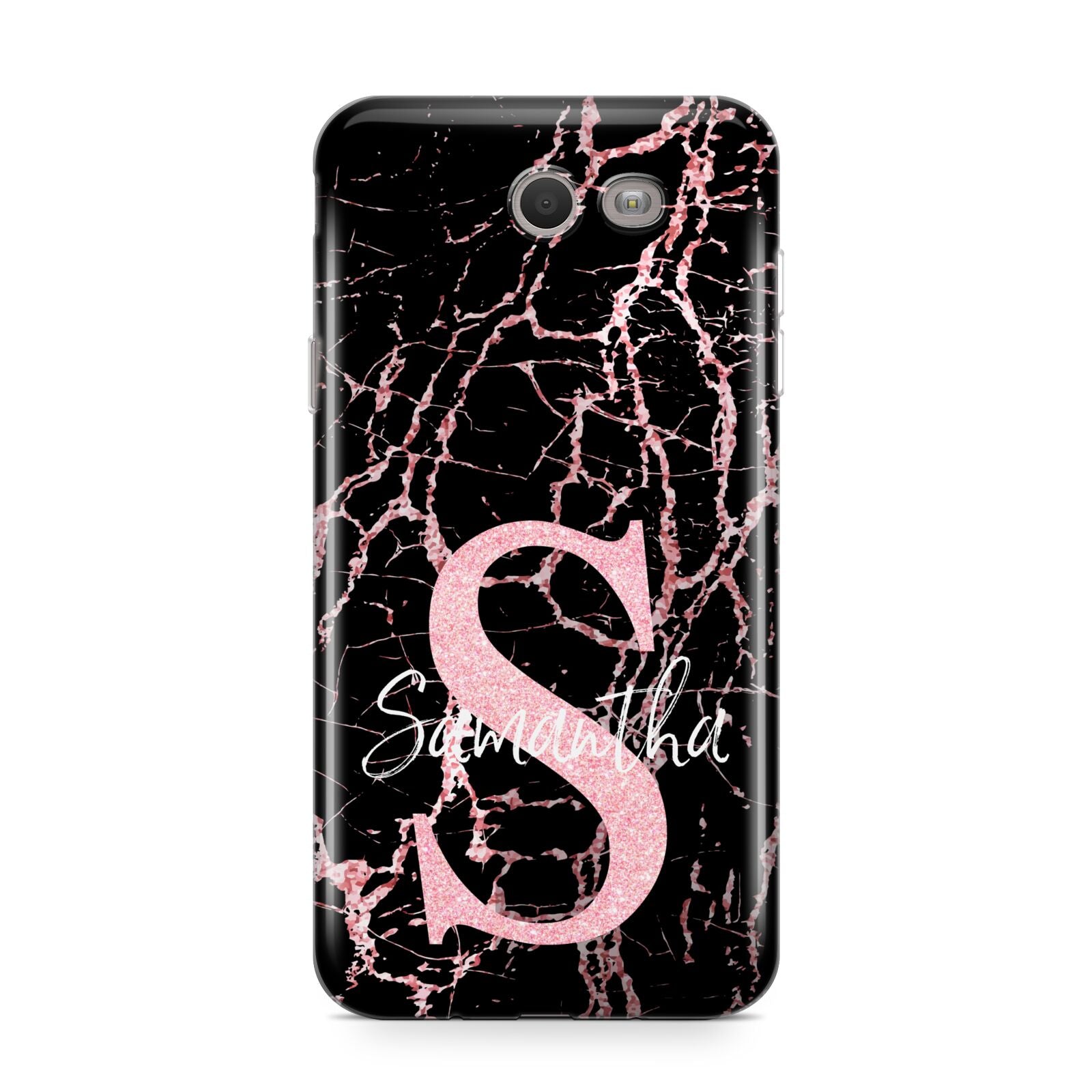 Personalised Pink Cracked Marble Glitter Initial Samsung Galaxy J7 2017 Case