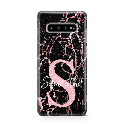 Personalised Pink Cracked Marble Glitter Initial Samsung Galaxy S10 Case