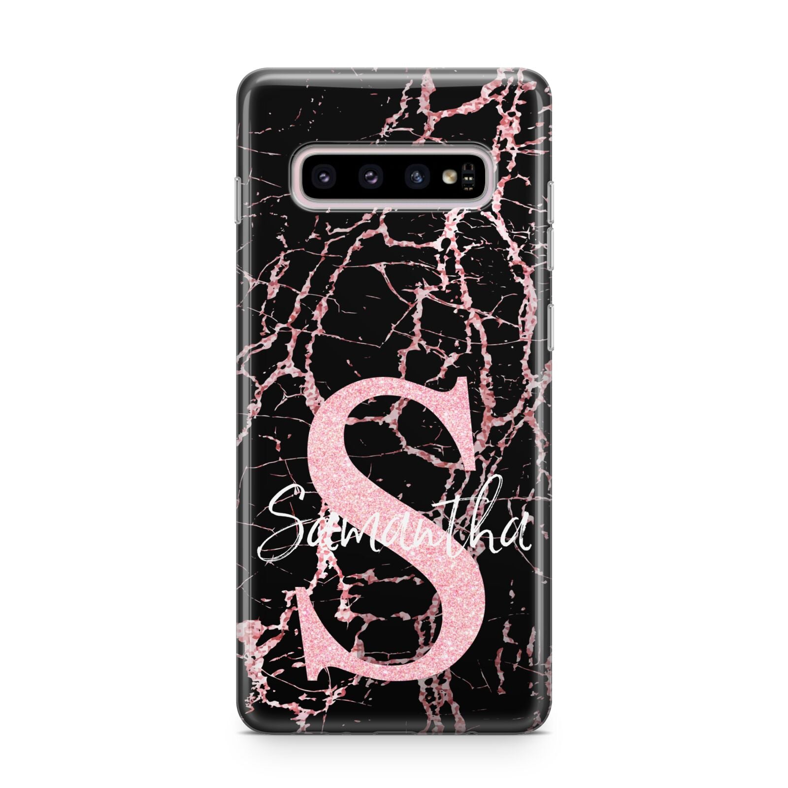 Personalised Pink Cracked Marble Glitter Initial Samsung Galaxy S10 Plus Case