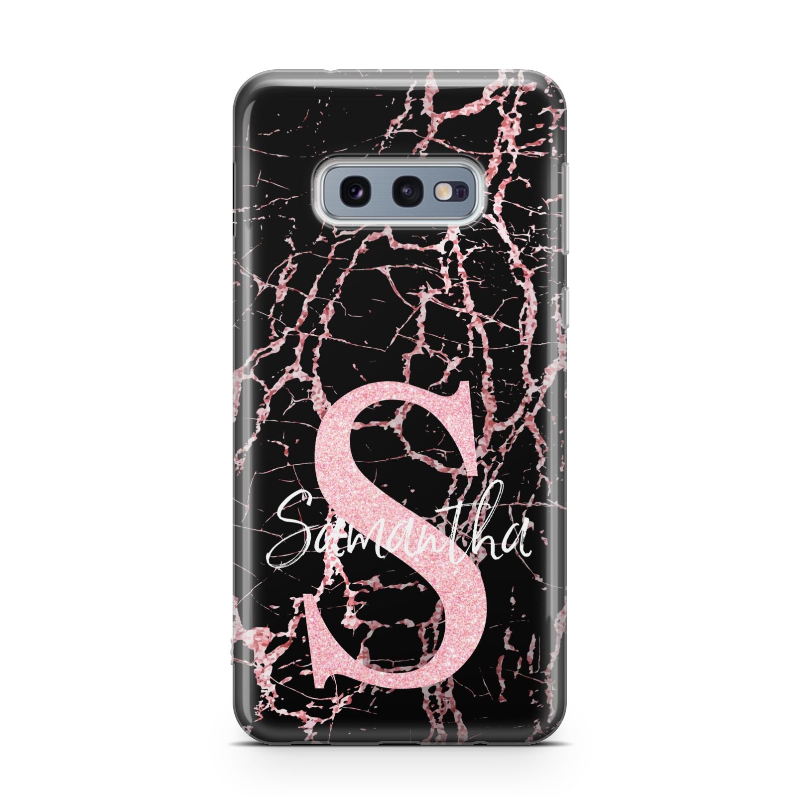 Personalised Pink Cracked Marble Glitter Initial Samsung Galaxy S10E Case