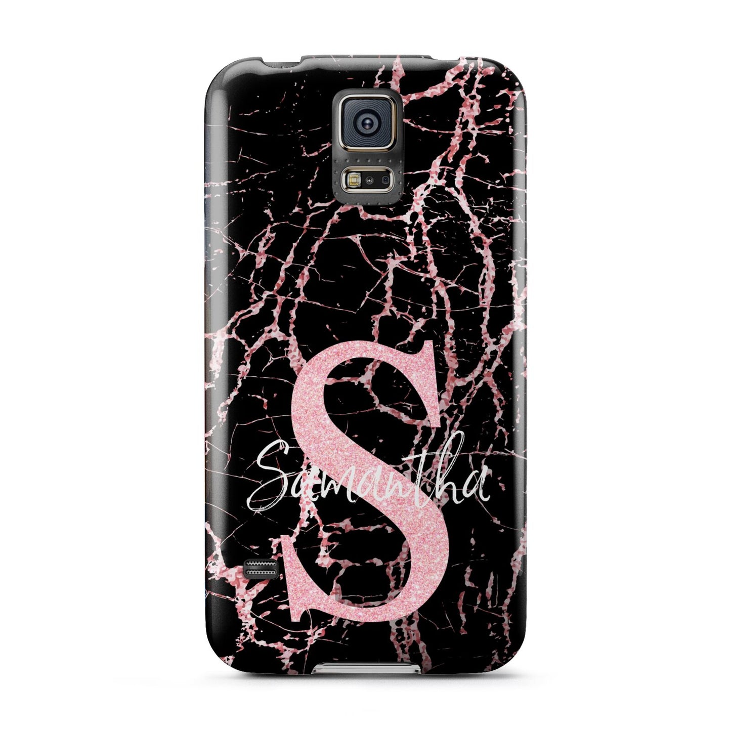 Personalised Pink Cracked Marble Glitter Initial Samsung Galaxy S5 Case