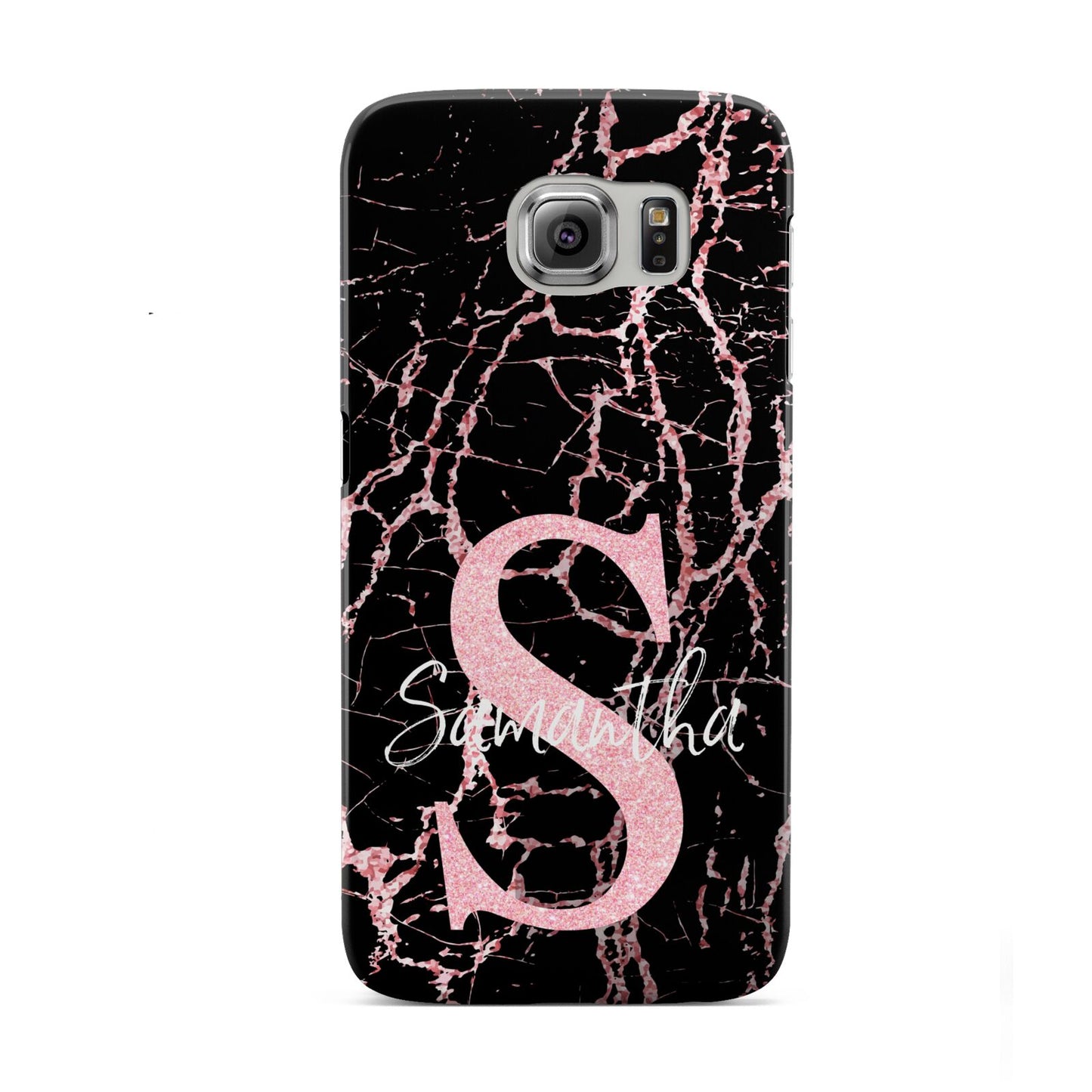Personalised Pink Cracked Marble Glitter Initial Samsung Galaxy S6 Case