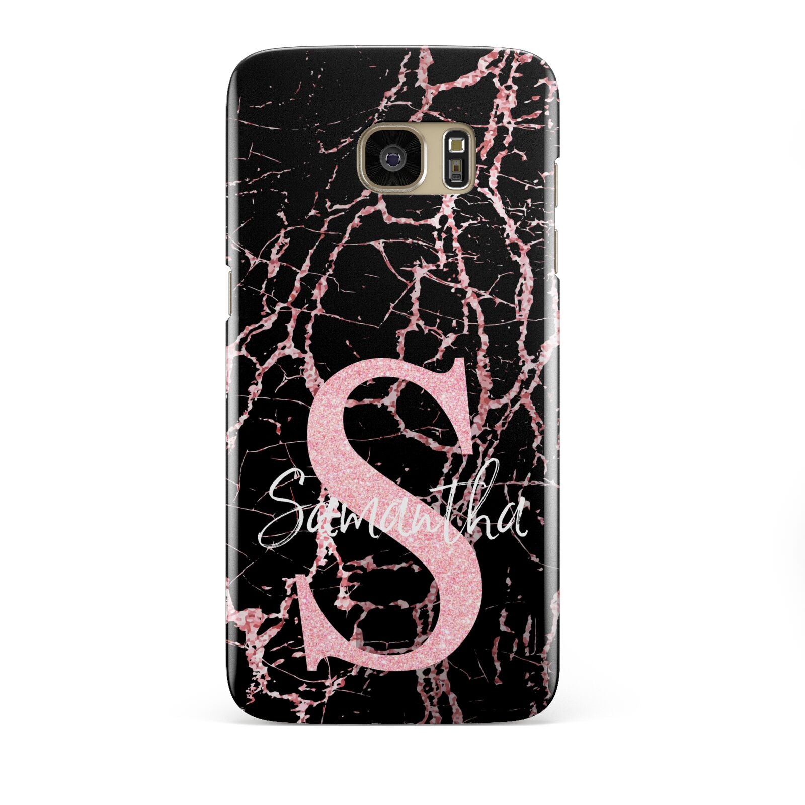 Personalised Pink Cracked Marble Glitter Initial Samsung Galaxy S7 Edge Case