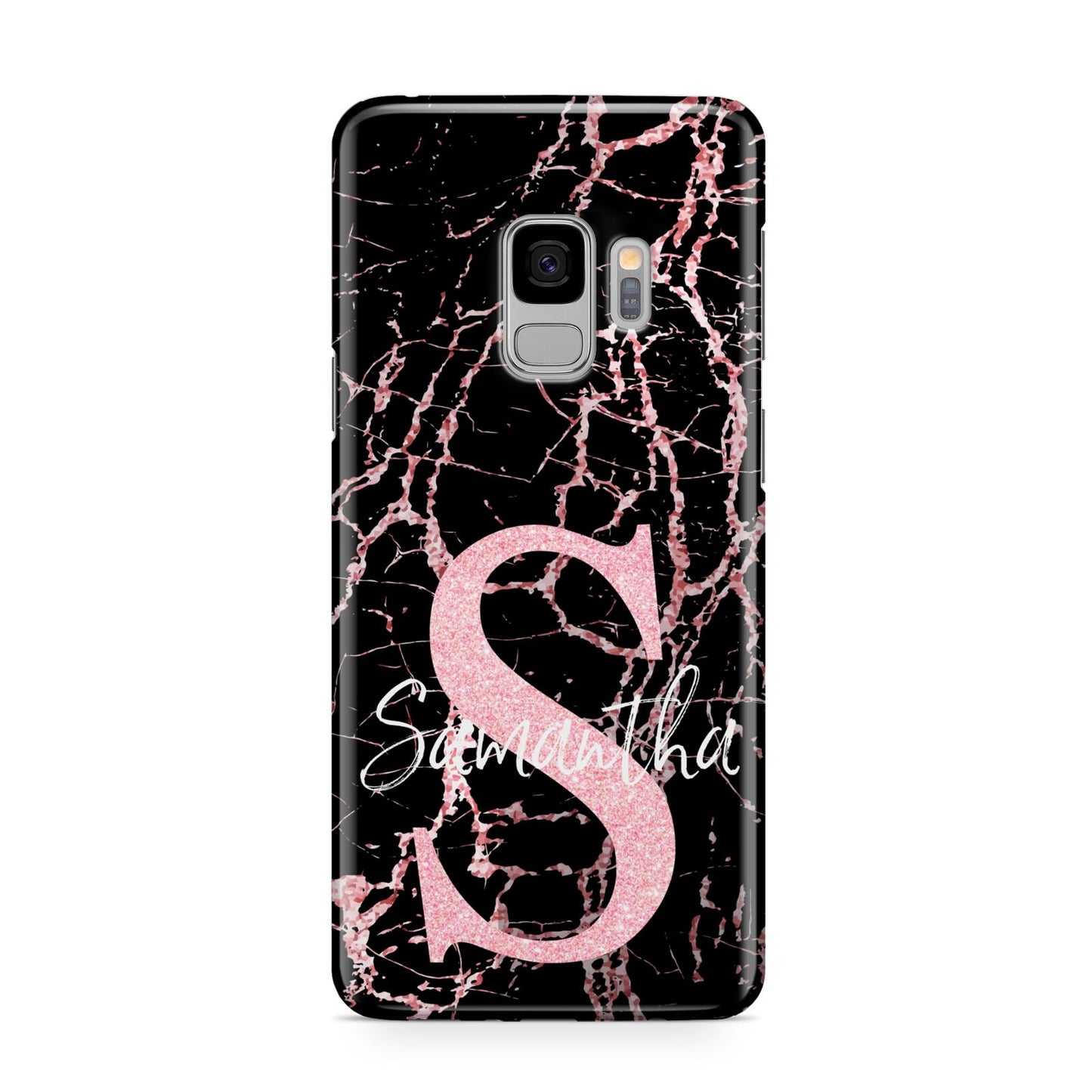 Personalised Pink Cracked Marble Glitter Initial Samsung Galaxy S9 Case