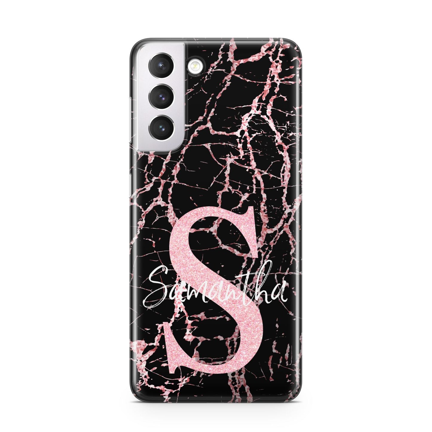 Personalised Pink Cracked Marble Glitter Initial Samsung S21 Case