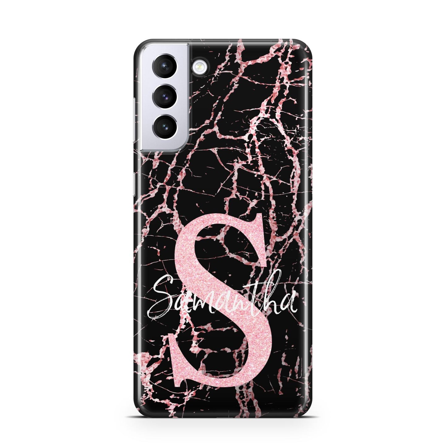 Personalised Pink Cracked Marble Glitter Initial Samsung S21 Plus Case