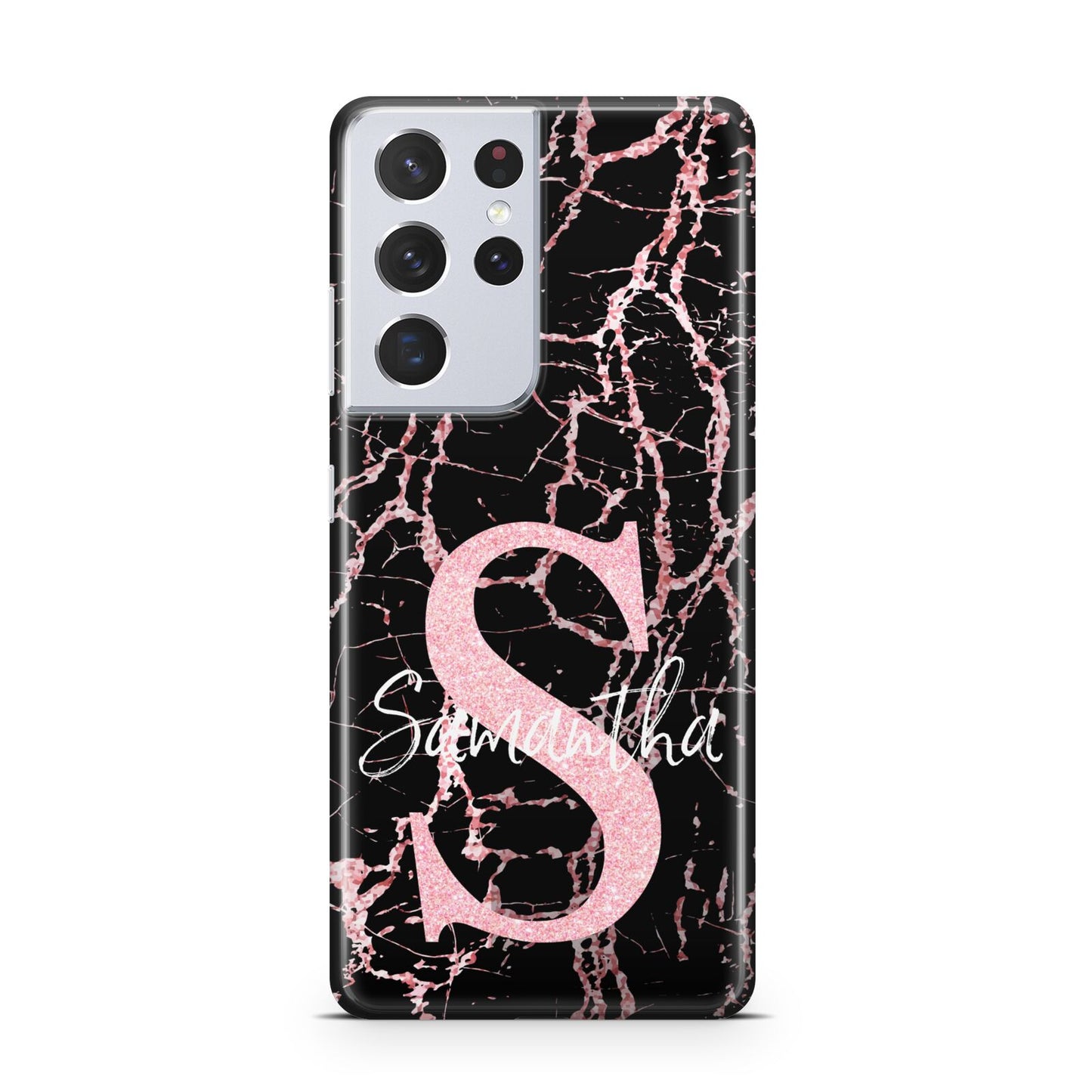 Personalised Pink Cracked Marble Glitter Initial Samsung S21 Ultra Case