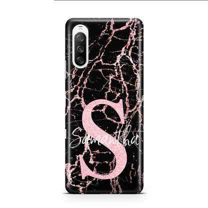 Personalised Pink Cracked Marble Glitter Initial Sony Xperia 10 III Case