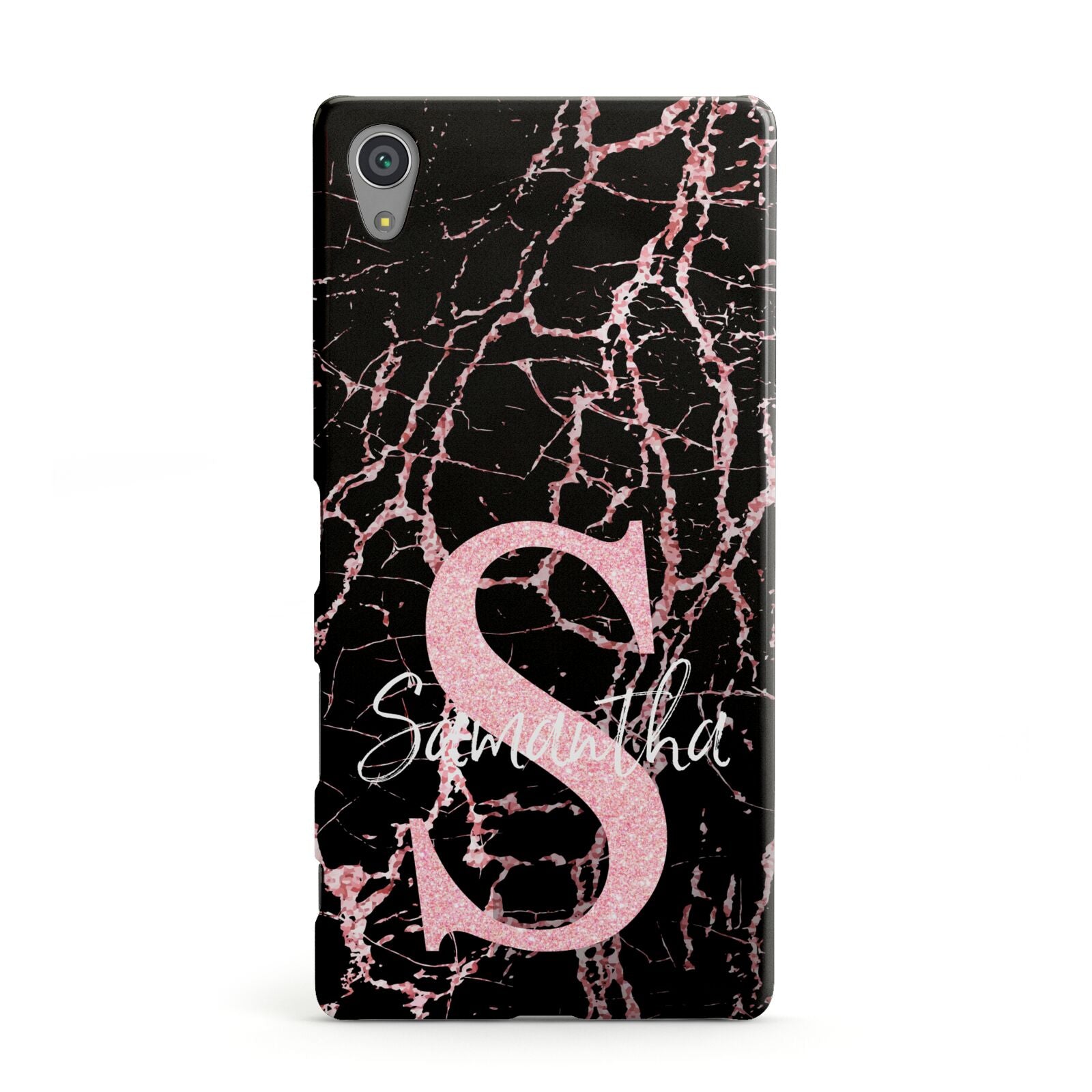 Personalised Pink Cracked Marble Glitter Initial Sony Xperia Case
