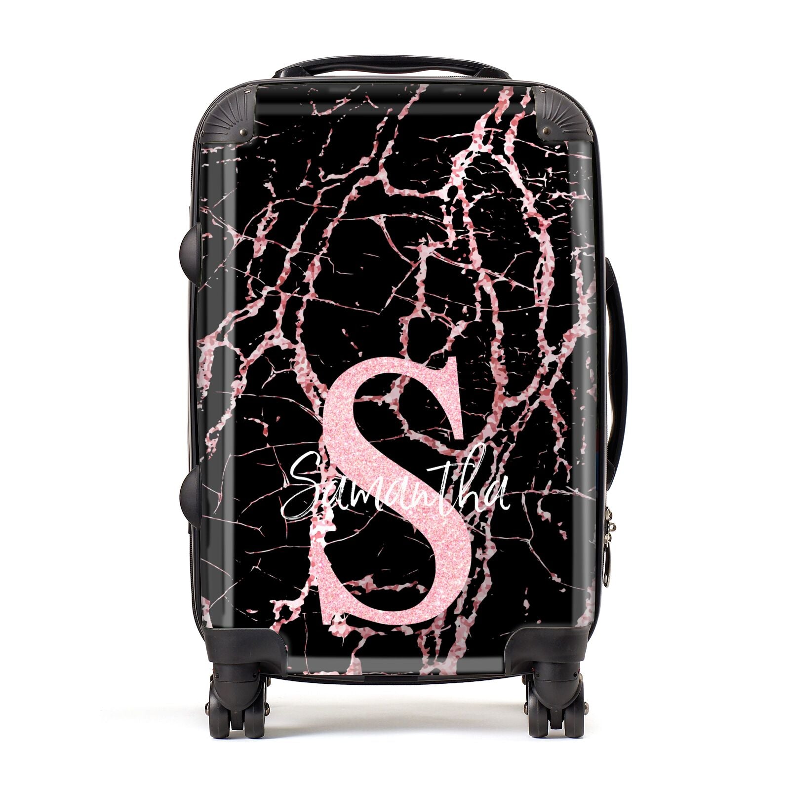 Personalised Pink Cracked Marble Glitter Initial Suitcase