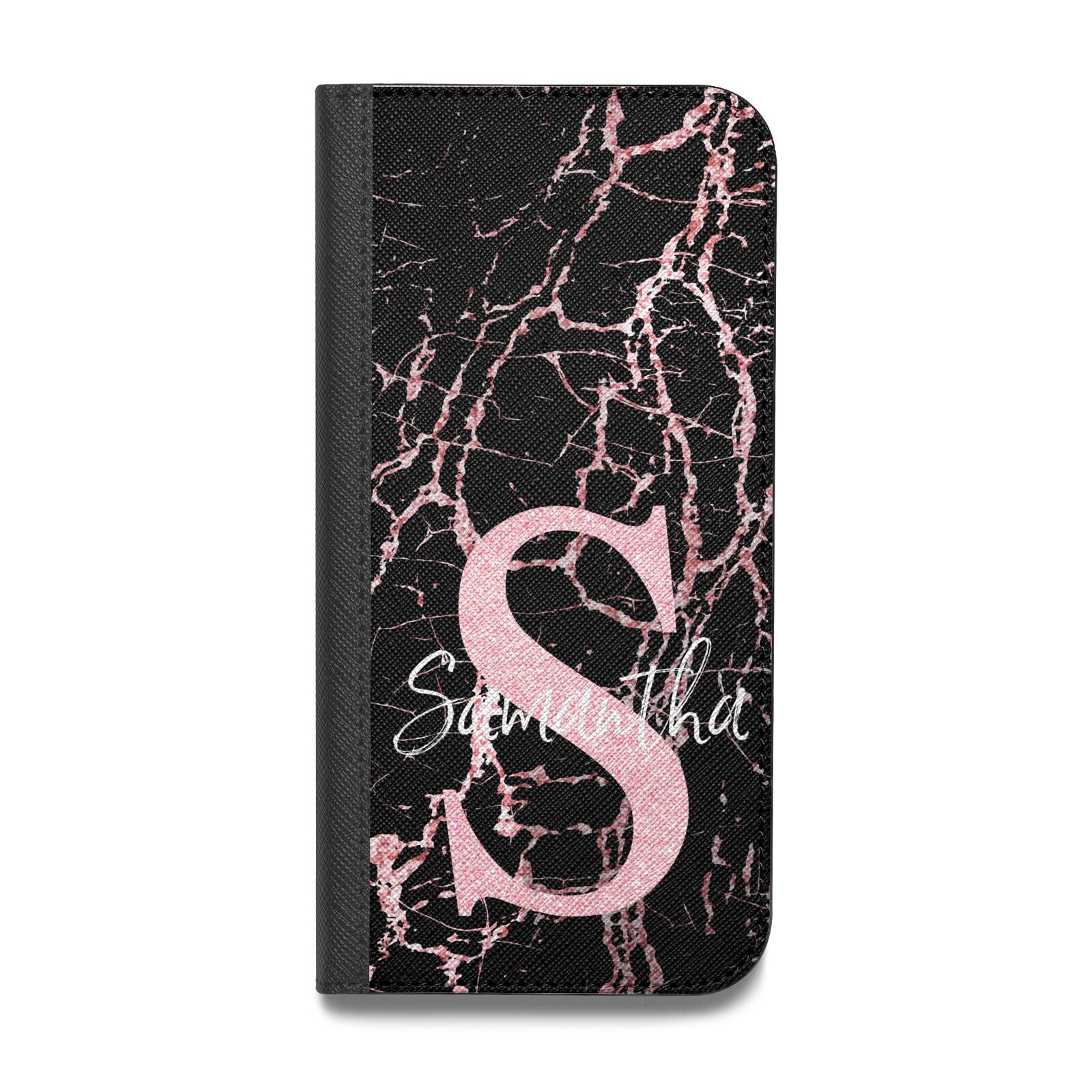 Personalised Pink Cracked Marble Glitter Initial Vegan Leather Flip Samsung Case