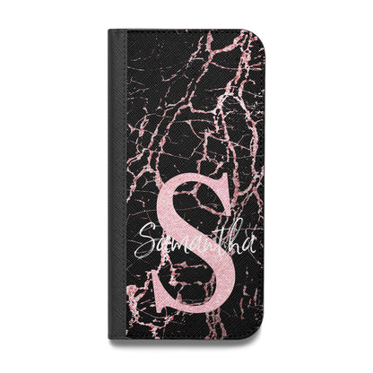 Personalised Pink Cracked Marble Glitter Initial Vegan Leather Flip Samsung Case