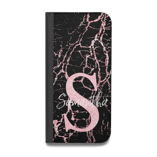 Personalised Pink Cracked Marble Glitter Initial Vegan Leather Flip iPhone Case