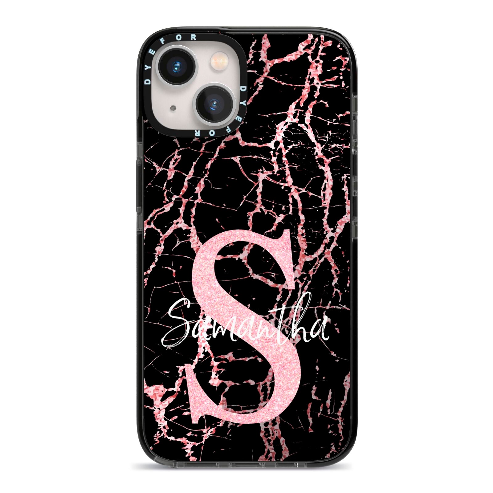 Personalised Pink Cracked Marble Glitter Initial iPhone 13 Black Impact Case on Silver phone