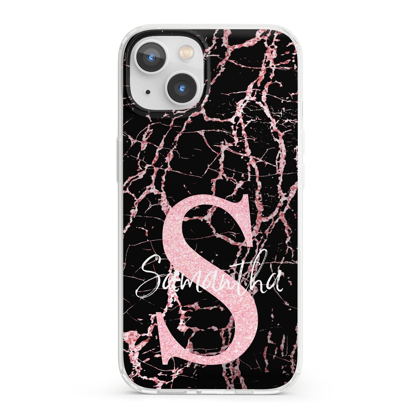 Personalised Pink Cracked Marble Glitter Initial iPhone 13 Clear Bumper Case