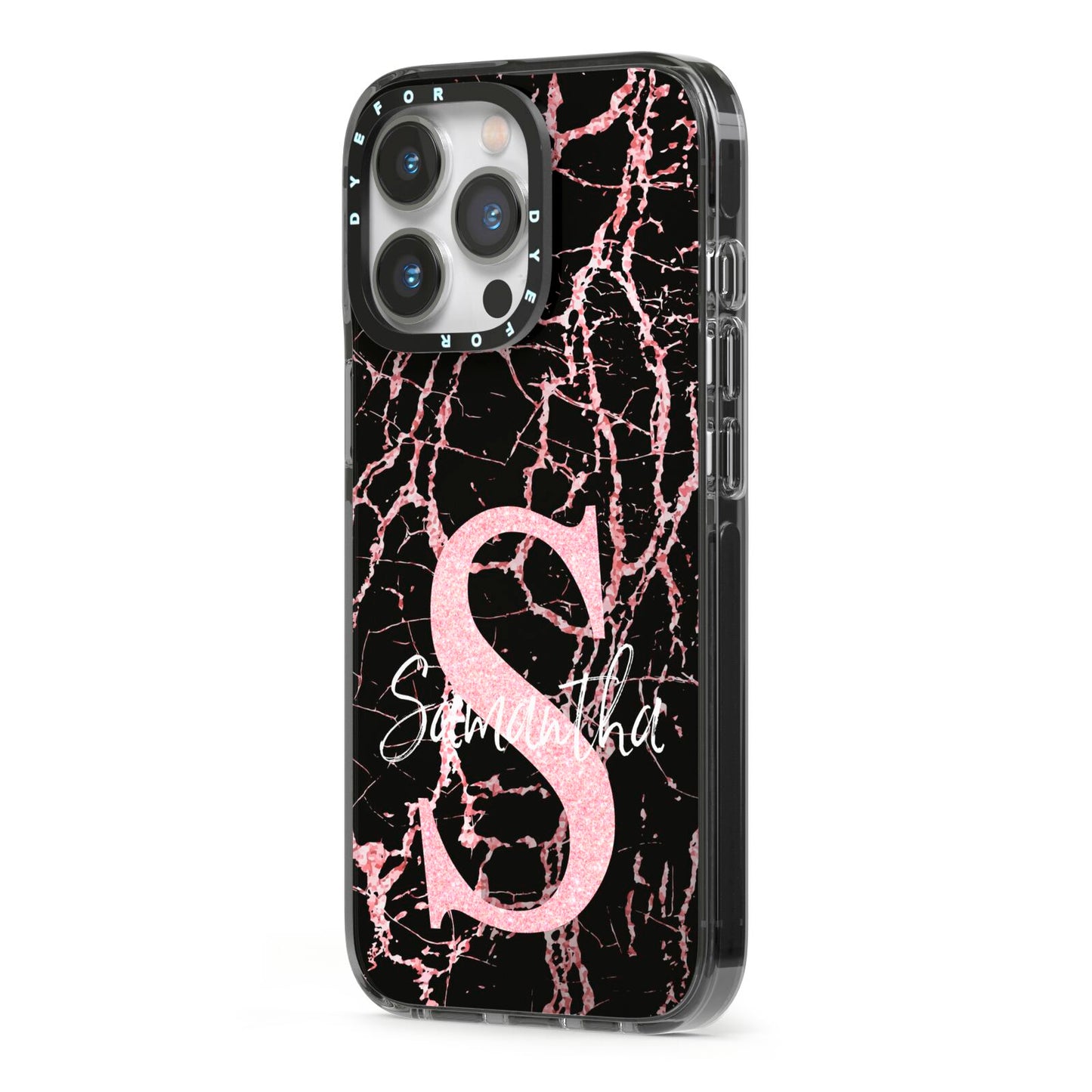Personalised Pink Cracked Marble Glitter Initial iPhone 13 Pro Black Impact Case Side Angle on Silver phone