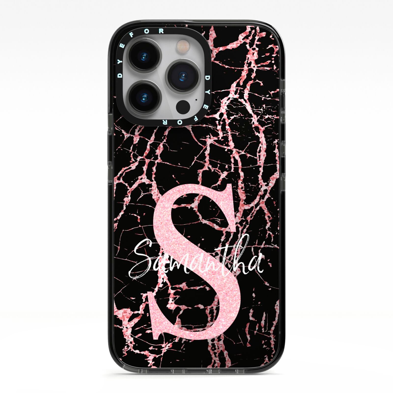 Personalised Pink Cracked Marble Glitter Initial iPhone 13 Pro Black Impact Case on Silver phone
