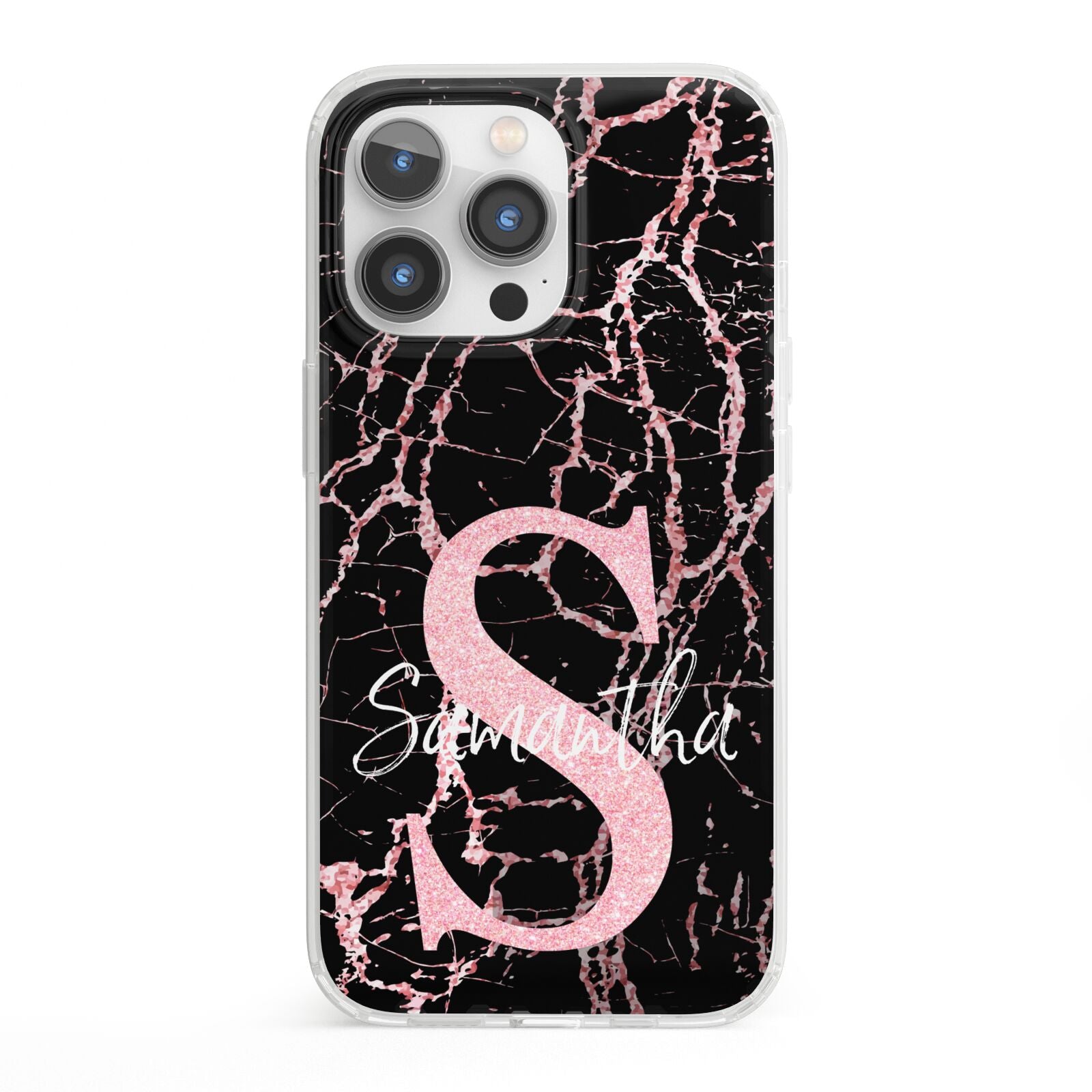 Personalised Pink Cracked Marble Glitter Initial iPhone 13 Pro Clear Bumper Case