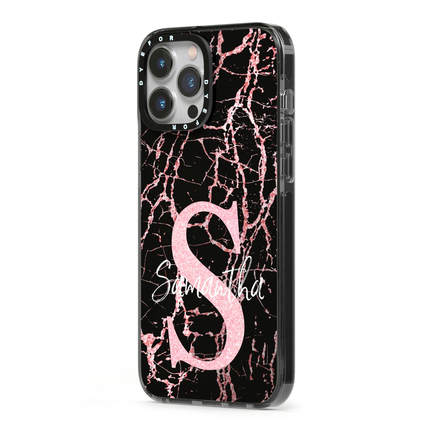Personalised Pink Cracked Marble Glitter Initial iPhone 13 Pro Max Black Impact Case Side Angle on Silver phone