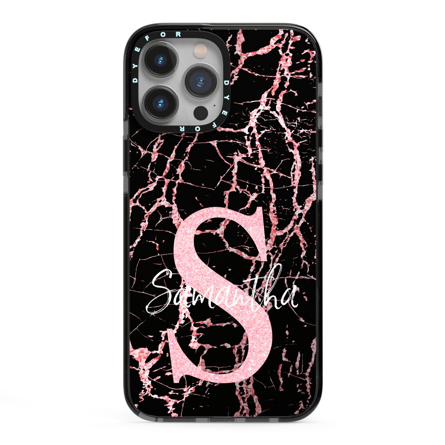 Personalised Pink Cracked Marble Glitter Initial iPhone 13 Pro Max Black Impact Case on Silver phone