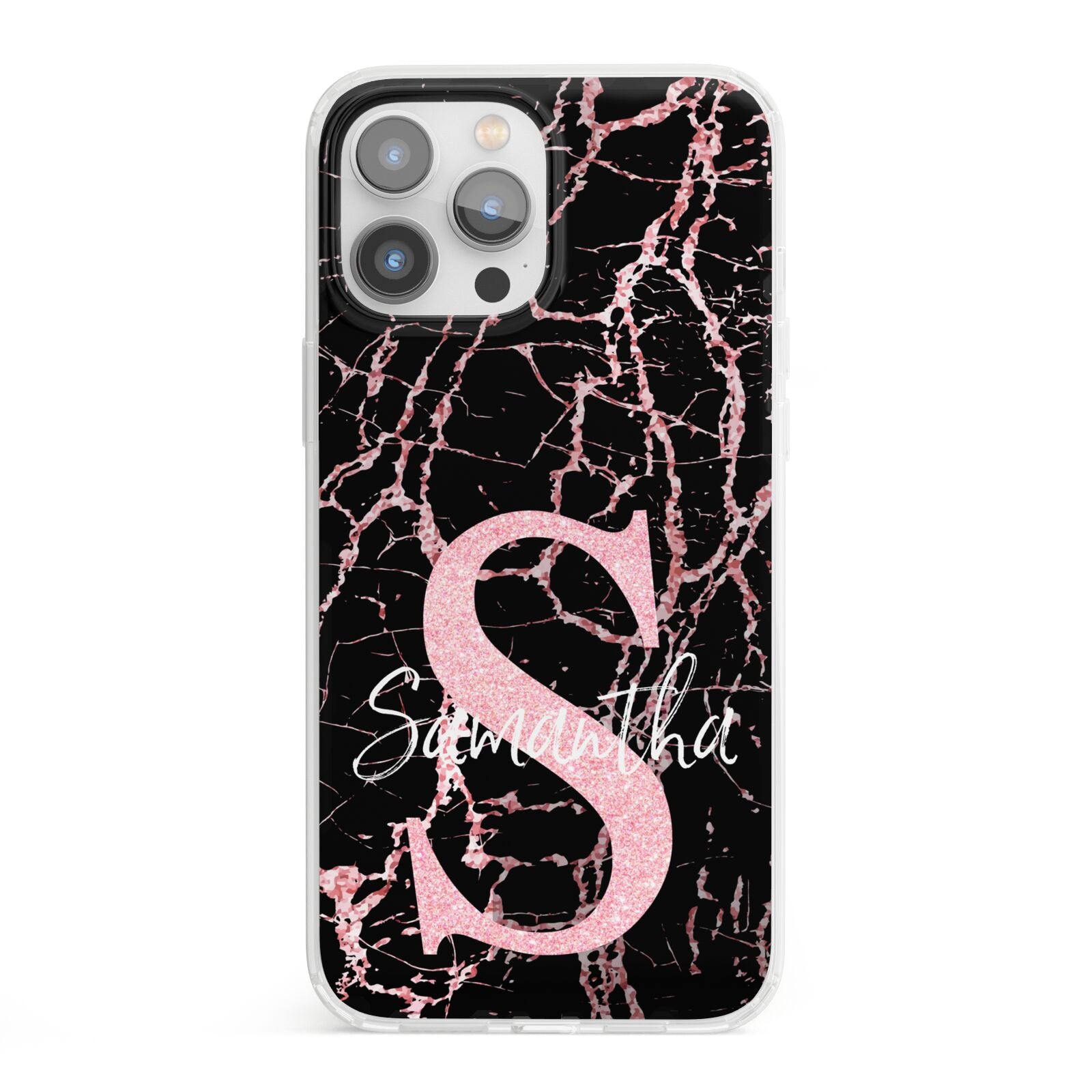 Personalised Pink Cracked Marble Glitter Initial iPhone 13 Pro Max Clear Bumper Case