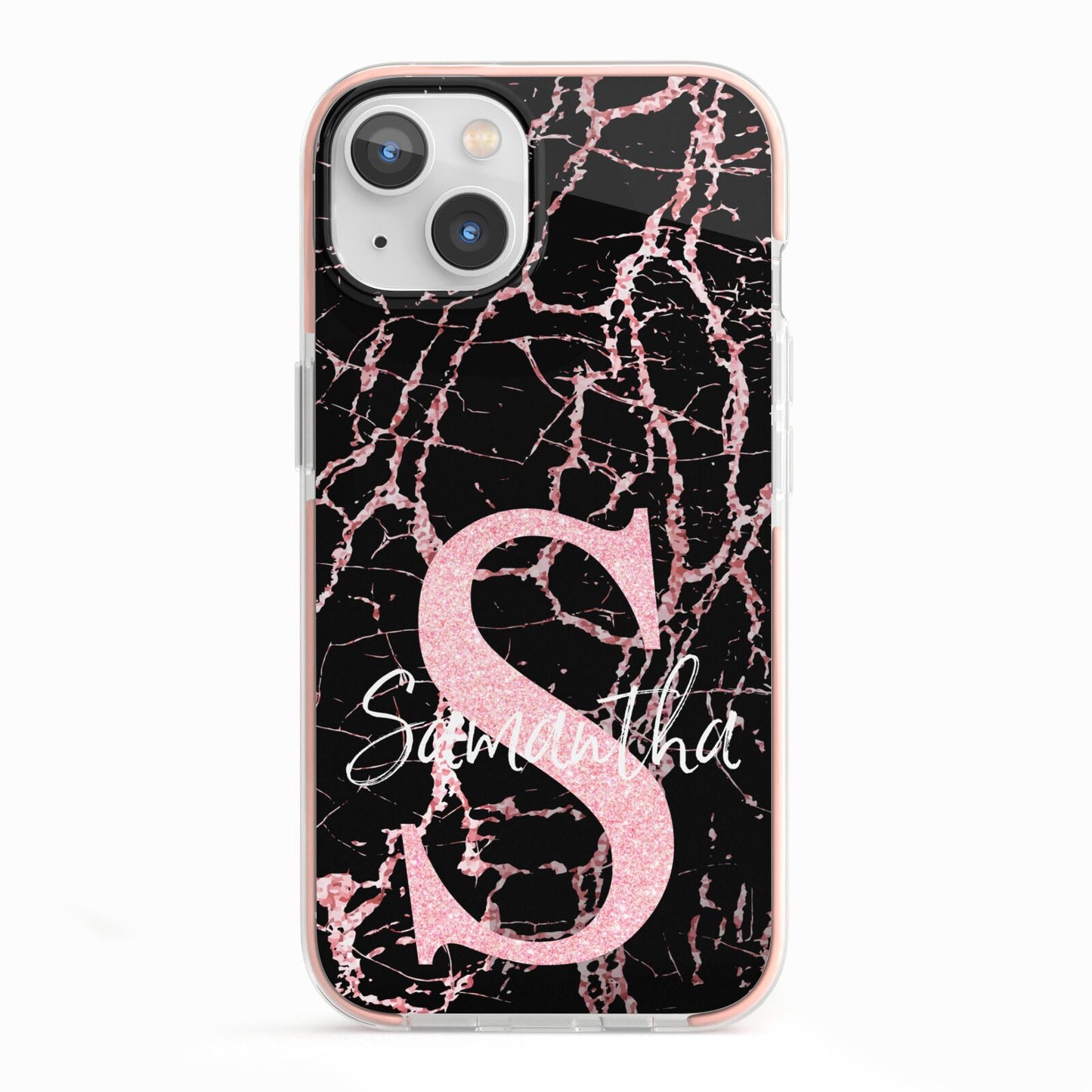 Personalised Pink Cracked Marble Glitter Initial iPhone 13 TPU Impact Case with Pink Edges