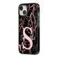 Personalised Pink Cracked Marble Glitter Initial iPhone 14 Black Impact Case Side Angle on Silver phone