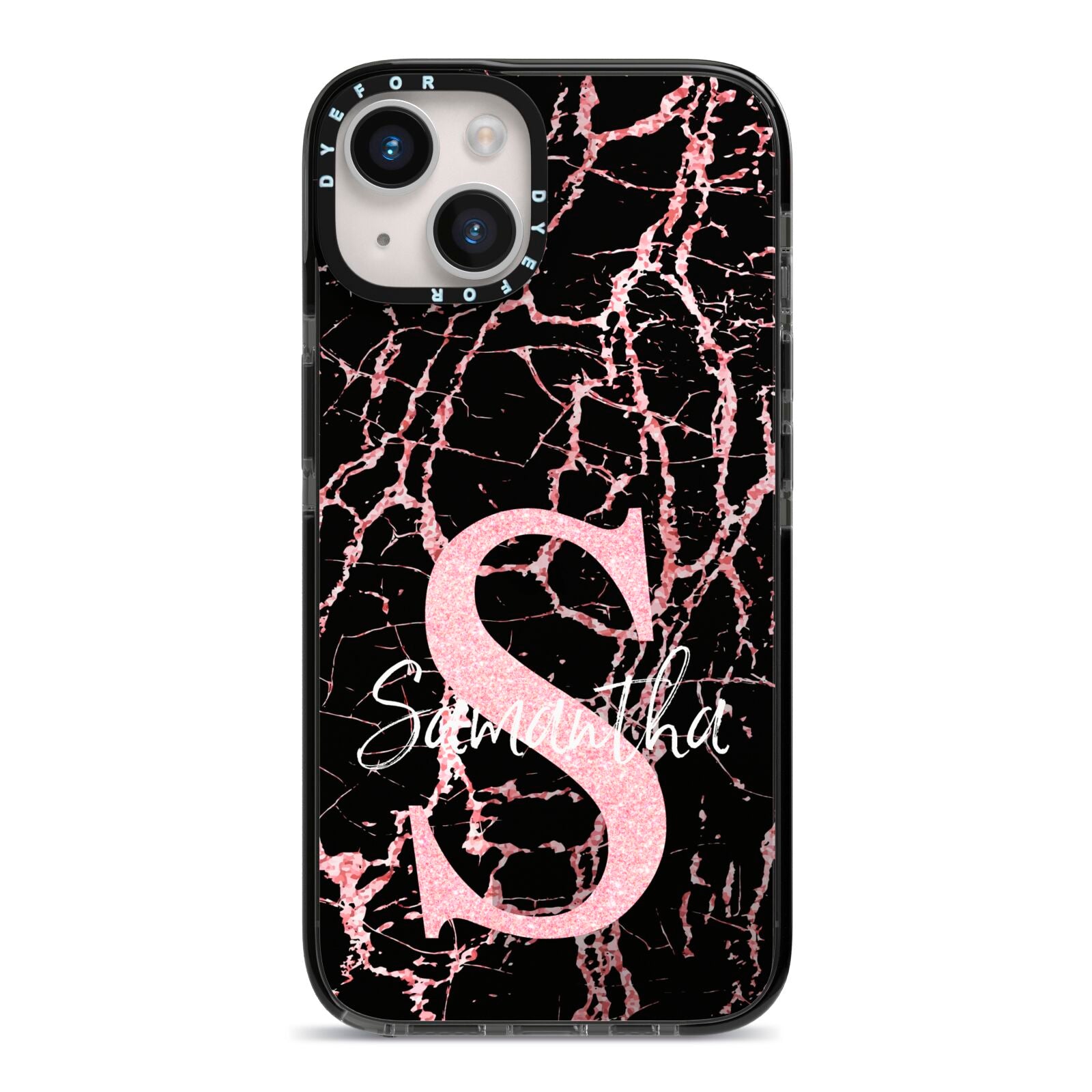 Personalised Pink Cracked Marble Glitter Initial iPhone 14 Black Impact Case on Silver phone