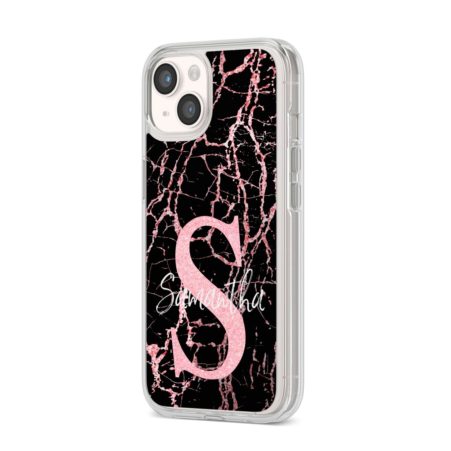 Personalised Pink Cracked Marble Glitter Initial iPhone 14 Clear Tough Case Starlight Angled Image