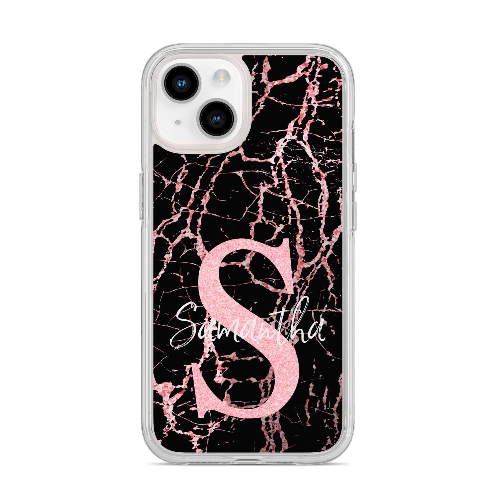 Personalised Pink Cracked Marble Glitter Initial iPhone 14 Clear Tough Case Starlight