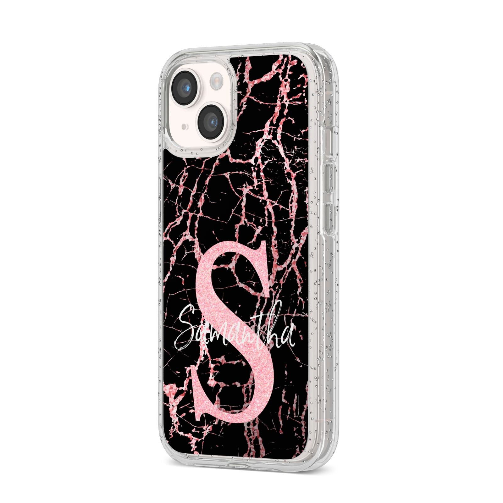 Personalised Pink Cracked Marble Glitter Initial iPhone 14 Glitter Tough Case Starlight Angled Image